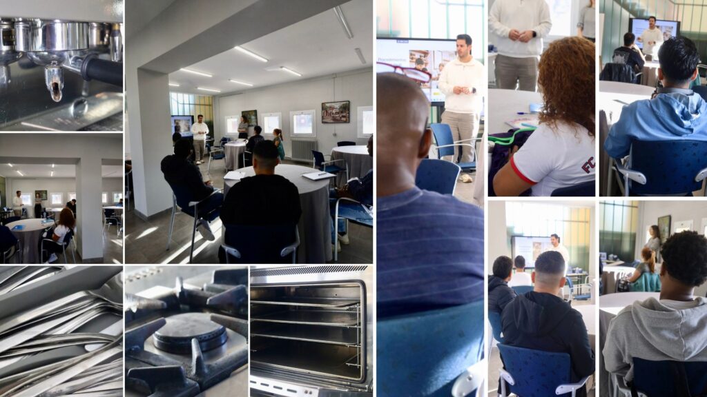 Alumnes en formació pràctica durant el curs d’hostaleria cap de sala a Montmeló, amb detalls de materials i eines del sector.