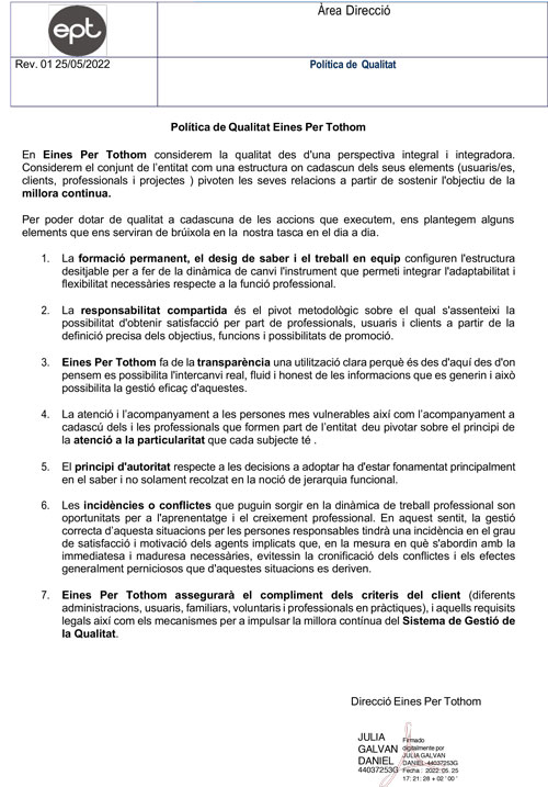 Política de Qualitat Eines Per Tothom